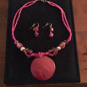 Pink beaded necklace with matching earrings